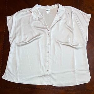 Women's Satin Short Sleeve Button-Front Shirt - Ava & Viv Beige 1X